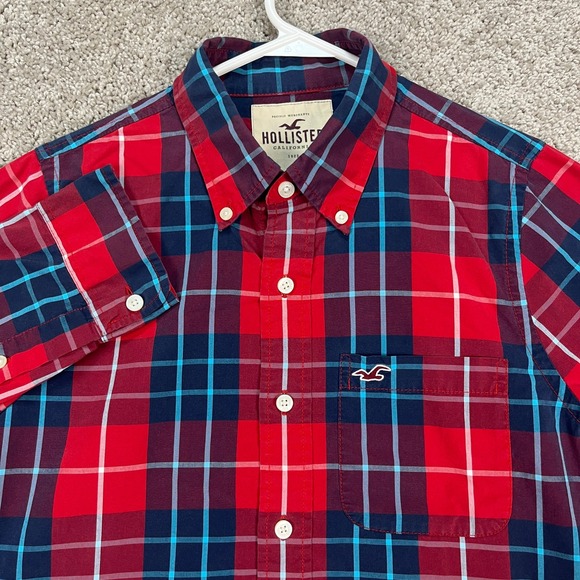 Hollister California Shirt Mens Medium Red Blue White Plaid Button Down Pocket - Picture 1 of 9